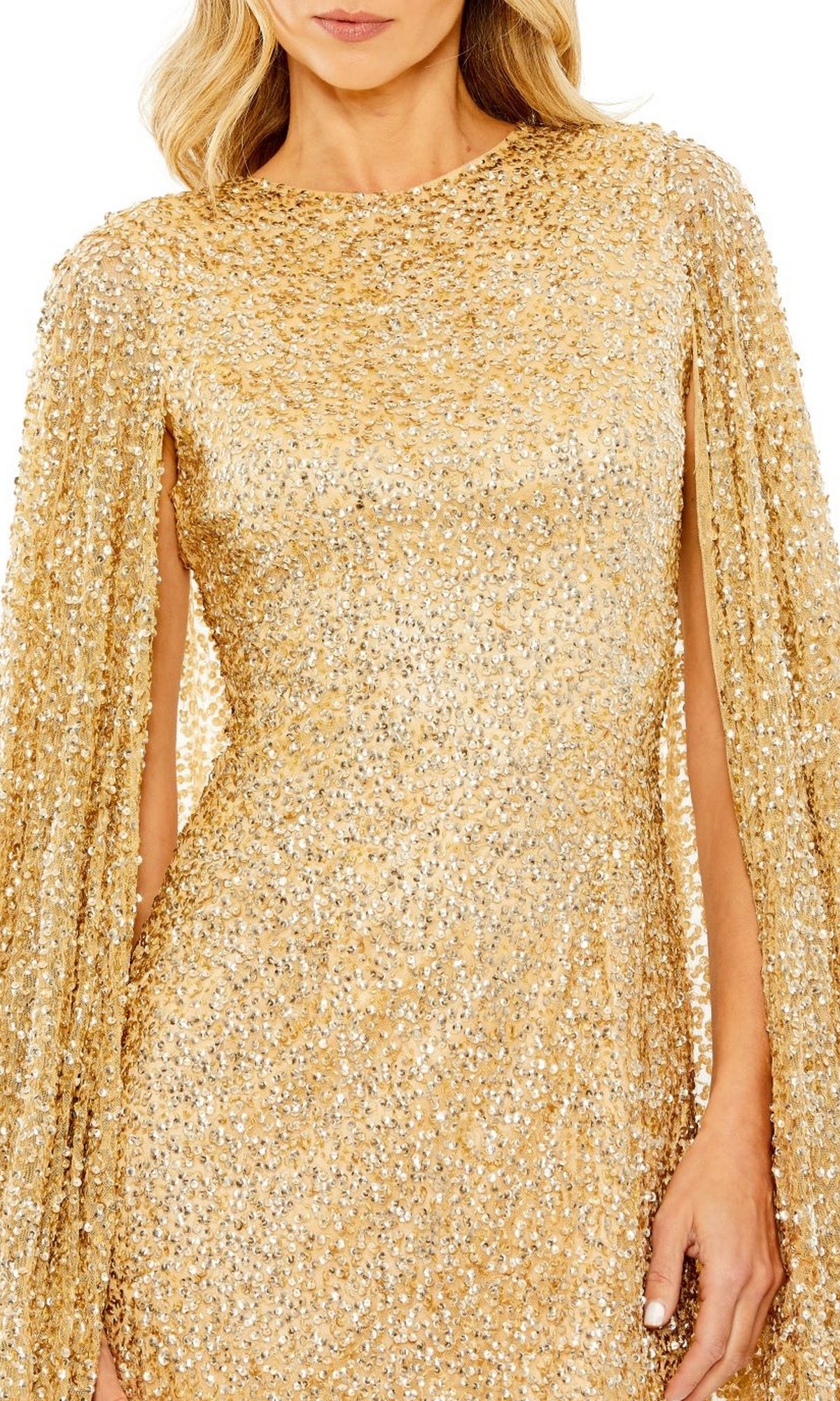 A woman wears the Mac Duggal 5931 short gold beaded cocktail dress; only her upper body is visible, with her face partially out of frame.